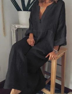 Hot Women's Black White Yellow Spring Fall Winter Maxi Dress Linen-Inspired Dresses White Dress Shirt Dress Casual Winter Dress Vacation Daily Loose Fit Plain Pure Color V Neck Split Neck Women Dresses|White Dresses