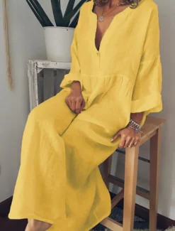 Hot Women's Black White Yellow Spring Fall Winter Maxi Dress Linen-Inspired Dresses White Dress Shirt Dress Casual Winter Dress Vacation Daily Loose Fit Plain Pure Color V Neck Split Neck Women Dresses|White Dresses