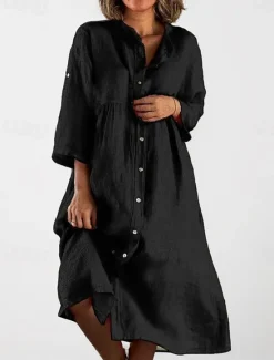 Outlet Women's Black White Yellow Summer Spring Midi Dress Linen-Inspired Dresses Shirt Dress Casual Dress Basic Modern Daily Weekend Loose Fit Plain Shirt Collar Women Dresses