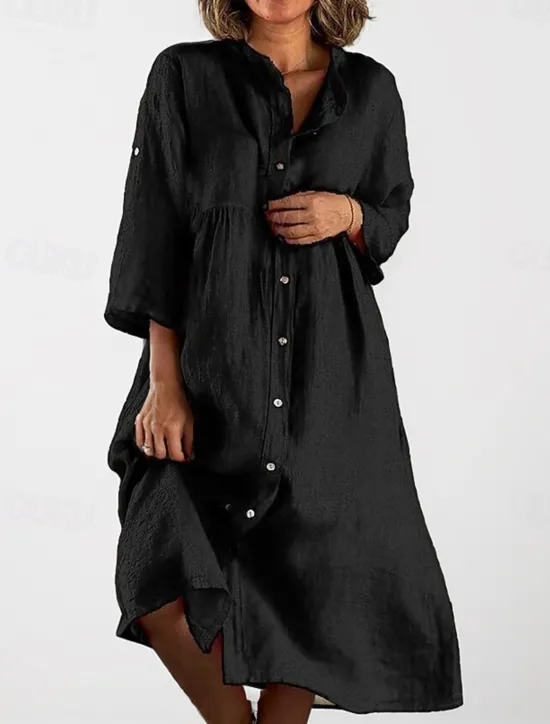 Outlet Women's Black White Yellow Summer Spring Midi Dress Linen-Inspired Dresses Shirt Dress Casual Dress Basic Modern Daily Weekend Loose Fit Plain Shirt Collar Women Dresses