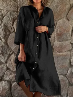 Outlet Women's Black White Yellow Summer Spring Midi Dress Linen-Inspired Dresses Shirt Dress Casual Dress Basic Modern Daily Weekend Loose Fit Plain Shirt Collar Women Dresses