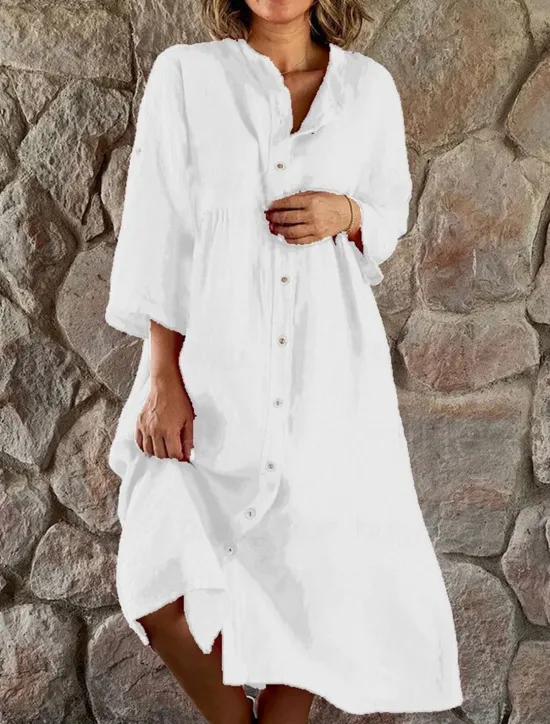 Outlet Women's Black White Yellow Summer Spring Midi Dress Linen-Inspired Dresses Shirt Dress Casual Dress Basic Modern Daily Weekend Loose Fit Plain Shirt Collar Women Dresses