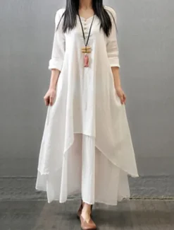 Clearance Women's Black White Yellow Summer Spring Maxi Dress Linen-Inspired Dresses White Dress Casual Dress Basic Modern Daily Weekend Loose Fit Plain V Neck Women Dresses