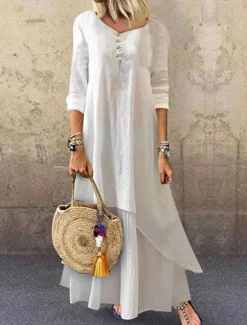 Clearance Women's Black White Yellow Summer Spring Maxi Dress Linen-Inspired Dresses White Dress Casual Dress Basic Modern Daily Weekend Loose Fit Plain V Neck Women Dresses