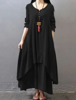 Clearance Women's Black White Yellow Summer Spring Maxi Dress Linen-Inspired Dresses White Dress Casual Dress Basic Modern Daily Weekend Loose Fit Plain V Neck Women Dresses