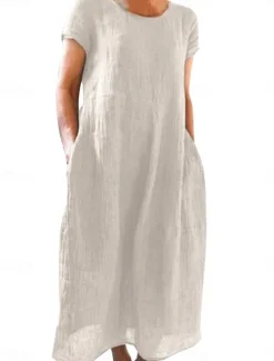 Discount Women's Black White Yellow Summer Spring Maxi Dress White Dress Cotton Linen Dresses Casual Dress Basic Casual Outdoor Vacation Daily Loose Fit Plain Crew Neck Women Dresses|White Dresses