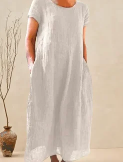 Discount Women's Black White Yellow Summer Spring Maxi Dress White Dress Cotton Linen Dresses Casual Dress Basic Casual Outdoor Vacation Daily Loose Fit Plain Crew Neck Women Dresses|White Dresses