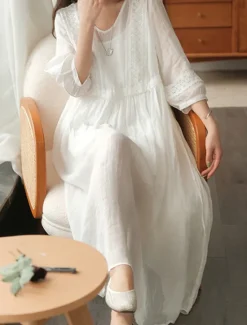 Best Women's Black White Yellow Fall Autumn Maxi Dress Linen-Inspired Dresses Casual Dress Basic Classic Casual Outdoor Vacation Daily Loose Fit Plain V Neck Women Dresses