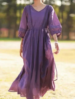 Best Women's Black White Yellow Fall Autumn Maxi Dress Linen-Inspired Dresses Casual Dress Basic Classic Casual Outdoor Vacation Daily Loose Fit Plain V Neck Women Dresses