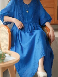 Best Women's Black White Yellow Fall Autumn Maxi Dress Linen-Inspired Dresses Casual Dress Basic Classic Casual Outdoor Vacation Daily Loose Fit Plain V Neck Women Dresses