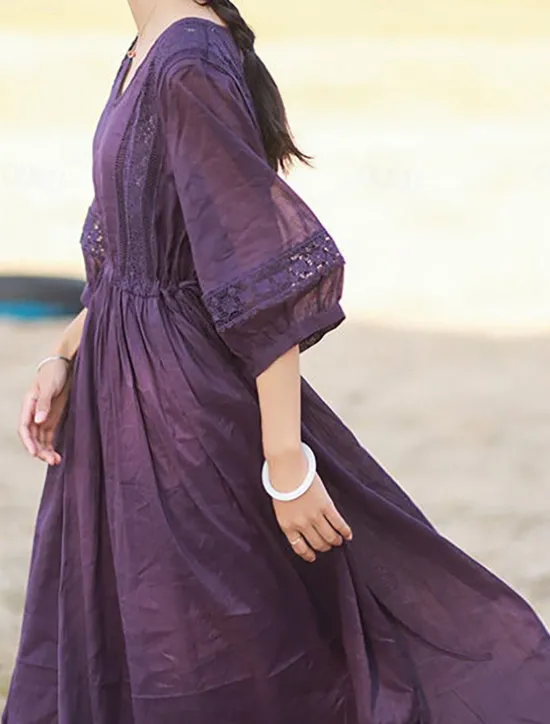 Best Women's Black White Yellow Fall Autumn Maxi Dress Linen-Inspired Dresses Casual Dress Basic Classic Casual Outdoor Vacation Daily Loose Fit Plain V Neck Women Dresses