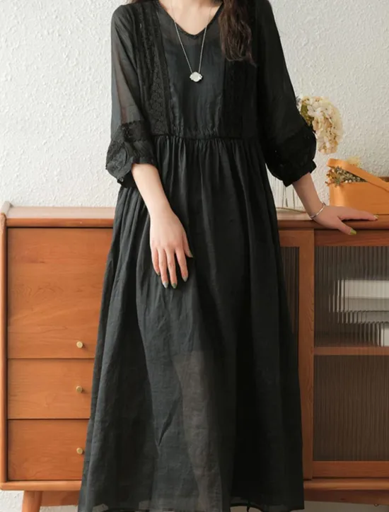 Best Women's Black White Yellow Fall Autumn Maxi Dress Linen-Inspired Dresses Casual Dress Basic Classic Casual Outdoor Vacation Daily Loose Fit Plain V Neck Women Dresses