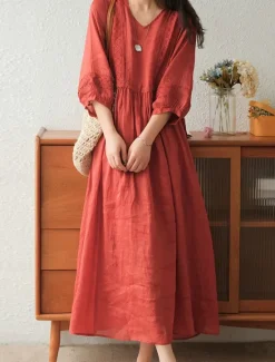 Best Women's Black White Yellow Fall Autumn Maxi Dress Linen-Inspired Dresses Casual Dress Basic Classic Casual Outdoor Vacation Daily Loose Fit Plain V Neck Women Dresses