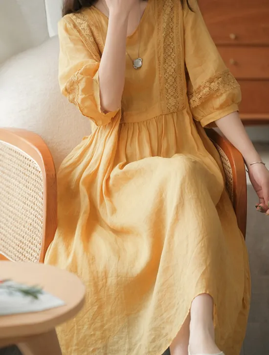 Best Women's Black White Yellow Fall Autumn Maxi Dress Linen-Inspired Dresses Casual Dress Basic Classic Casual Outdoor Vacation Daily Loose Fit Plain V Neck Women Dresses