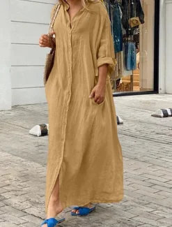 Best Women's Black White Yellow Summer Spring Fall Maxi Dress White Dress Cotton Linen Dresses Shirt Dress Classic Casual Vacation Daily Loose Fit Plain Shirt Collar Women White Dresses