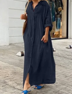 Best Women's Black White Yellow Summer Spring Fall Maxi Dress White Dress Cotton Linen Dresses Shirt Dress Classic Casual Vacation Daily Loose Fit Plain Shirt Collar Women White Dresses