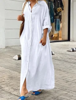 Best Women's Black White Yellow Summer Spring Fall Maxi Dress White Dress Cotton Linen Dresses Shirt Dress Classic Casual Vacation Daily Loose Fit Plain Shirt Collar Women White Dresses