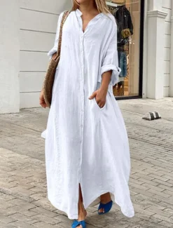 Best Women's Black White Yellow Summer Spring Fall Maxi Dress White Dress Cotton Linen Dresses Shirt Dress Classic Casual Vacation Daily Loose Fit Plain Shirt Collar Women White Dresses