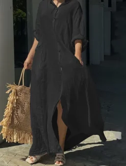 Best Women's Black White Yellow Summer Spring Fall Maxi Dress White Dress Cotton Linen Dresses Shirt Dress Classic Casual Vacation Daily Loose Fit Plain Shirt Collar Women White Dresses