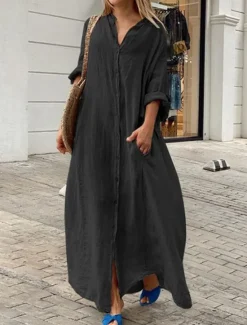 Best Women's Black White Yellow Summer Spring Fall Maxi Dress White Dress Cotton Linen Dresses Shirt Dress Classic Casual Vacation Daily Loose Fit Plain Shirt Collar Women White Dresses