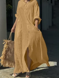 Best Women's Black White Yellow Summer Spring Fall Maxi Dress White Dress Cotton Linen Dresses Shirt Dress Classic Casual Vacation Daily Loose Fit Plain Shirt Collar Women White Dresses