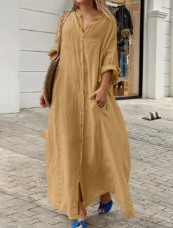 Best Women's Black White Yellow Summer Spring Fall Maxi Dress White Dress Cotton Linen Dresses Shirt Dress Classic Casual Vacation Daily Loose Fit Plain Shirt Collar Women White Dresses