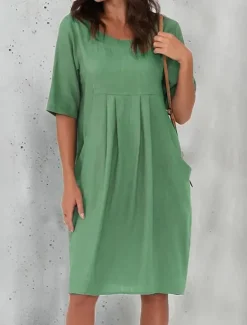 Sale Women's Black Wine Blue Summer Spring Mini Dress Cotton Linen Dresses Casual Dress Basic Modern Daily Weekend Loose Fit Plain Crew Neck Women Dresses