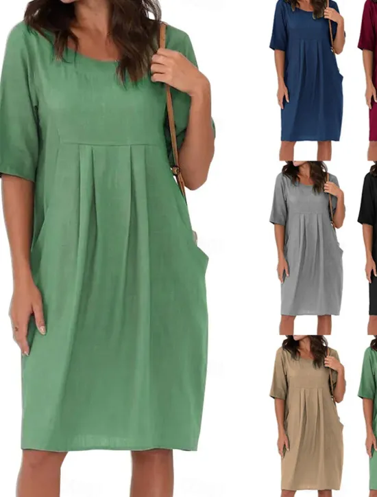 Sale Women's Black Wine Blue Summer Spring Mini Dress Cotton Linen Dresses Casual Dress Basic Modern Daily Weekend Loose Fit Plain Crew Neck Women Dresses