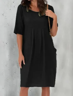 Sale Women's Black Wine Blue Summer Spring Mini Dress Cotton Linen Dresses Casual Dress Basic Modern Daily Weekend Loose Fit Plain Crew Neck Women Dresses