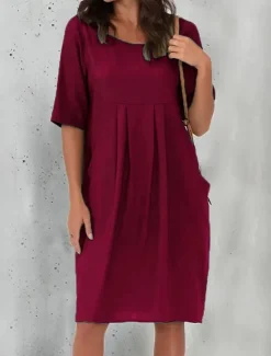 Sale Women's Black Wine Blue Summer Spring Mini Dress Cotton Linen Dresses Casual Dress Basic Modern Daily Weekend Loose Fit Plain Crew Neck Women Dresses