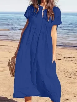 Discount Women's Black Wine Navy Blue Summer Spring Maxi Dress Cotton Linen Dresses Casual Dress Cotton Summer Dress Basic Modern Daily Weekend Loose Fit Plain Crew Neck Women Dresses