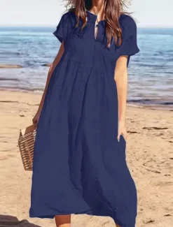 Discount Women's Black Wine Navy Blue Summer Spring Maxi Dress Cotton Linen Dresses Casual Dress Cotton Summer Dress Basic Modern Daily Weekend Loose Fit Plain Crew Neck Women Dresses