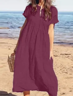 Discount Women's Black Wine Navy Blue Summer Spring Maxi Dress Cotton Linen Dresses Casual Dress Cotton Summer Dress Basic Modern Daily Weekend Loose Fit Plain Crew Neck Women Dresses