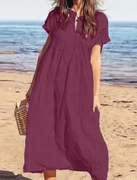 Discount Women's Black Wine Navy Blue Summer Spring Maxi Dress Cotton Linen Dresses Casual Dress Cotton Summer Dress Basic Modern Daily Weekend Loose Fit Plain Crew Neck Women Dresses