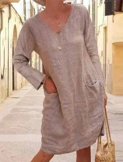 Clearance Women's Black Yellow khaki Summer Spring Midi Dress Linen-Inspired Dresses Black Dress Casual Dress Basic Modern Daily Weekend Loose Fit Plain V Neck Women Dresses