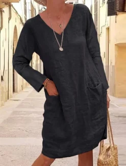 Clearance Women's Black Yellow khaki Summer Spring Midi Dress Linen-Inspired Dresses Black Dress Casual Dress Basic Modern Daily Weekend Loose Fit Plain V Neck Women Dresses