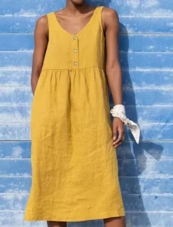 Outlet Women's Black Yellow Light Green Summer Spring Midi Dress Cotton Linen Dresses Tank Dress Cotton Summer Dress Casual Vacation Daily Loose Fit Plain V Neck Women Dresses