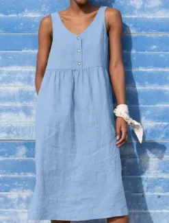 Outlet Women's Black Yellow Light Green Summer Spring Midi Dress Cotton Linen Dresses Tank Dress Cotton Summer Dress Casual Vacation Daily Loose Fit Plain V Neck Women Dresses