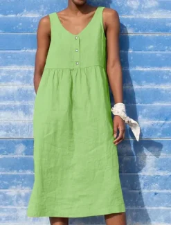 Outlet Women's Black Yellow Light Green Summer Spring Midi Dress Cotton Linen Dresses Tank Dress Cotton Summer Dress Casual Vacation Daily Loose Fit Plain V Neck Women Dresses