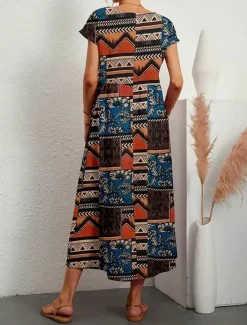 Hot Women's Black Yellow Summer Spring Midi Dress Linen-Inspired Dresses Casual Dress Fashion Ethnic Style Casual Outdoor Vacation Daily Loose Fit Geometric Flower Crew Neck Women Dresses