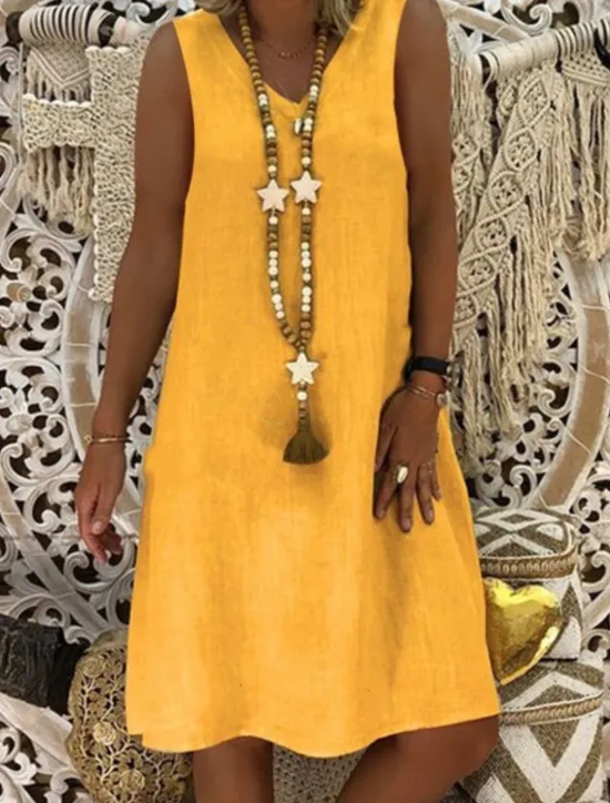 Discount Women's Black Yellow Wine Summer Spring Mini Dress Cotton Linen Dresses Sundress Casual Vacation Daily Beach Regular Fit Plain V Neck Women Dresses