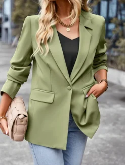Hot Women's Blazer Breathable Comfortable Pocket Casual Plain Office Street Casual Daily Wear Single Breasted Regular Turndown Regular Fit Long Sleeve Outerwear Black White Green Summer Women Blazers & Suits