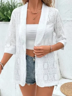 Online Women's Blazer Breathable Comfortable Lace Patchwork Elegant Casual Plain Office Street Casual Daily Wear Open Front Regular Turndown Regular Fit 3/4 Length Sleeve Outerwear Summer Spring Women Blazers & Suits