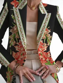 Women's Blazer Breathable Comfortable Print Fashion Casual Floral Formal Work Office / Career Double Breasted Regular Turndown Regular Fit Long Sleeve Outerwear Black White Navy Blue Summer Women Blazers & Suits