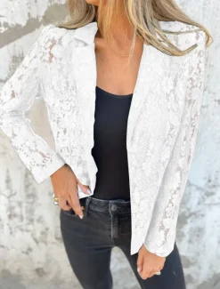 Outlet Women's Blazer Breathable Comfortable Lace Patchwork Casual Plain Office Street Casual Daily Wear Open Front Regular Turndown Regular Fit Long Sleeve Outerwear Black White Summer Women Blazers & Suits