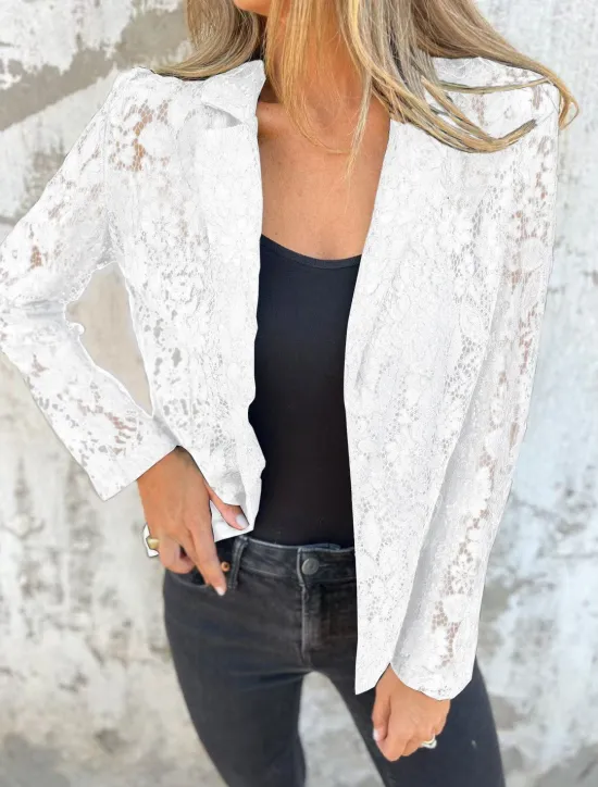 Outlet Women's Blazer Breathable Comfortable Lace Patchwork Casual Plain Office Street Casual Daily Wear Open Front Regular Turndown Regular Fit Long Sleeve Outerwear Black White Summer Women Blazers & Suits