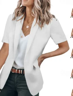 New Women's Blazer Breathable Comfortable Ruffle Casual Plain Work Daily Wear Open Front Regular Turndown Regular Fit Short Sleeves Outerwear Black White Red Summer Women Blazers & Suits