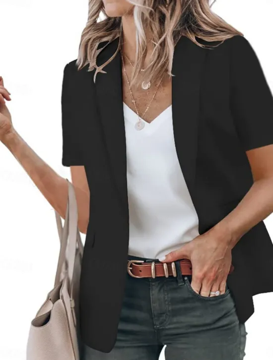 New Women's Blazer Breathable Comfortable Ruffle Casual Plain Work Daily Wear Open Front Regular Turndown Regular Fit Short Sleeves Outerwear Black White Red Summer Women Blazers & Suits