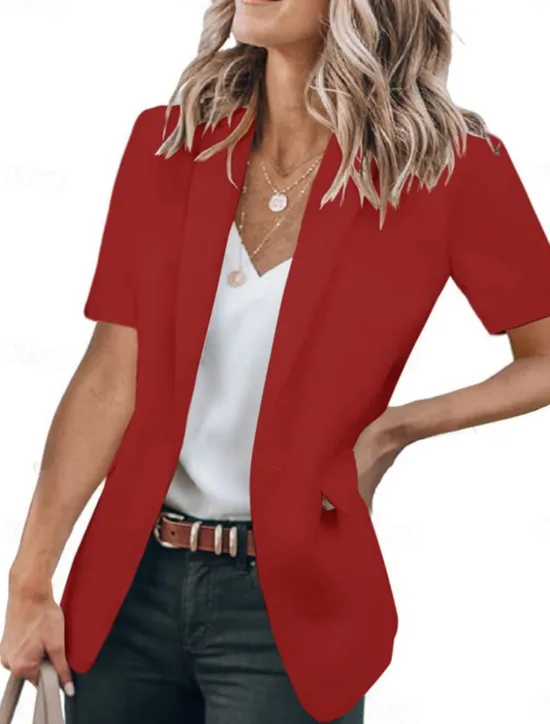 New Women's Blazer Breathable Comfortable Ruffle Casual Plain Work Daily Wear Open Front Regular Turndown Regular Fit Short Sleeves Outerwear Black White Red Summer Women Blazers & Suits