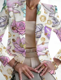 New Women's Blazer Breathable Comfortable Print Fashion Casual Leaf Work Office / Career Casual Double Breasted Regular Turndown Regular Fit Long Sleeve Outerwear White Pink Light Purple Summer Women Blazers & Suits